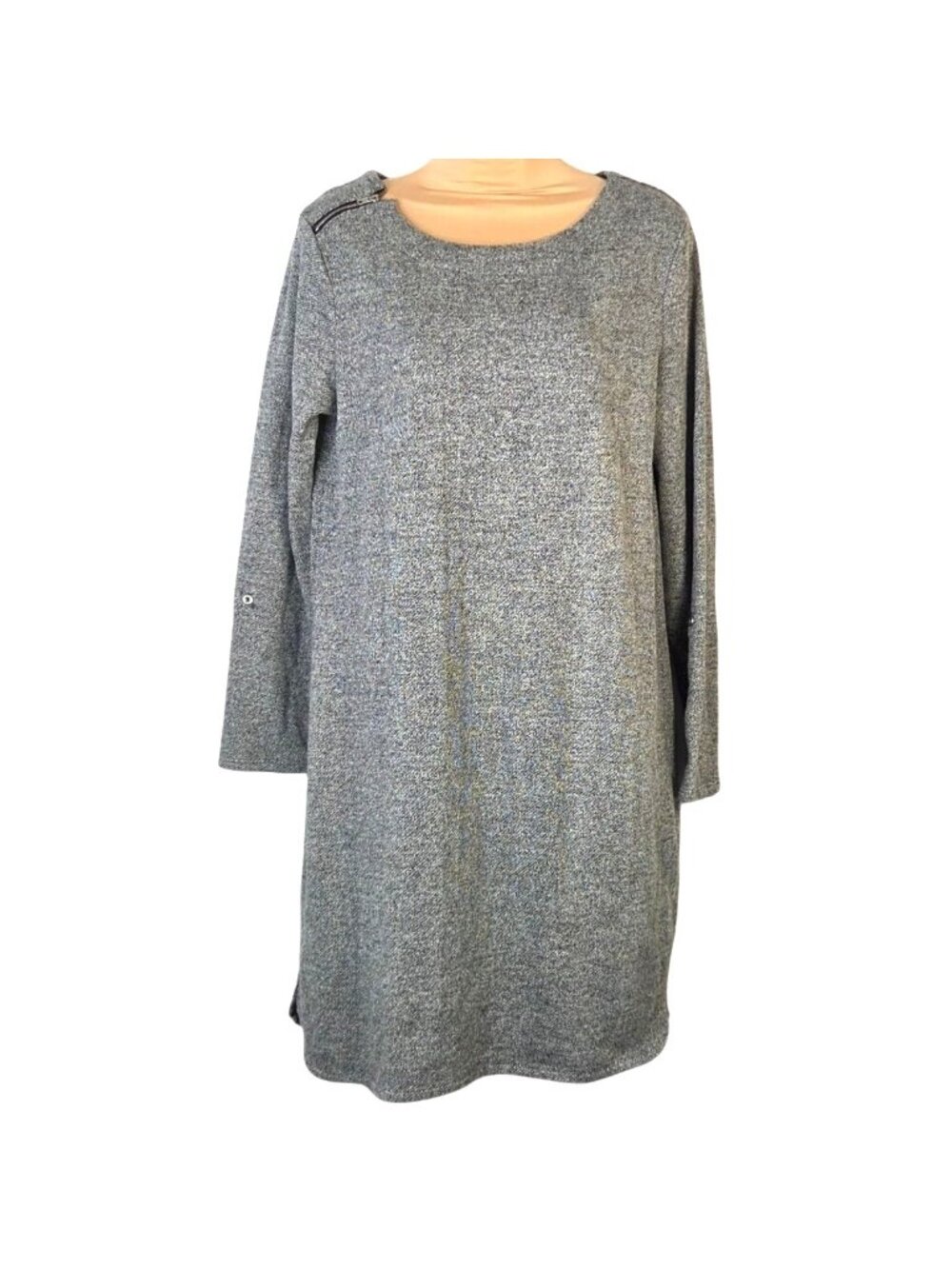 Merona Womens Gray Textured Sweater Dress Lg Long Sleeve With Zip Shoulder Detai